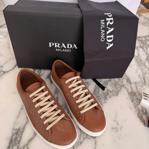 Prada Milano 2EE448 Mens Brown Pebbled Leather Low Top Sneakers, UK 7 main image 6